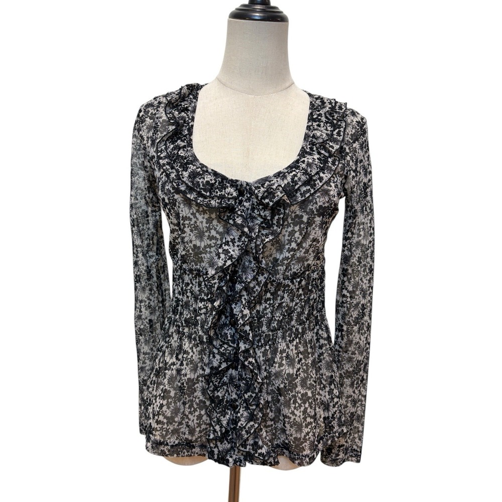 Sheer Mesh Floral‎ Blouse Button Down Top Sz S Fairy Grunge Whimsigoth